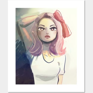 Pink Haired Woman Wearing a Bow Posters and Art